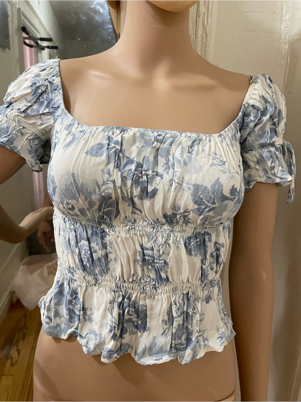 Reformation White and Blue Floral Smocked Peasant Crop Top